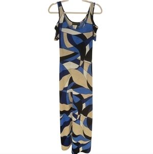 Taheri Maxi patterned cold shoulder Dress shades of blue and tan size medium
